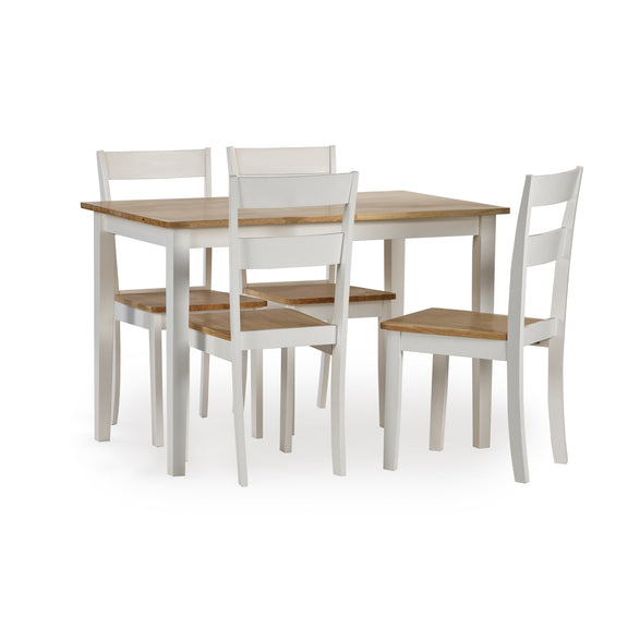 Dining table set with four chairs on a white background
