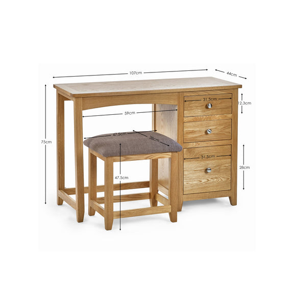 Wooden desk with dimensions labeled on a white background