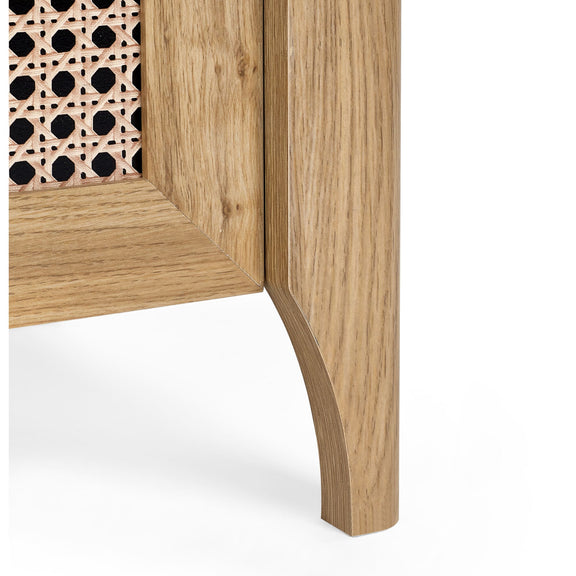 Close-up of oak effect wooden chest leg and side panel