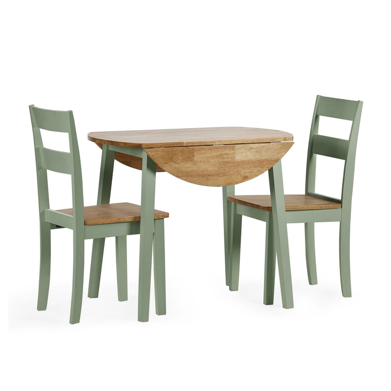 Dining table with two matching chairs on a white background