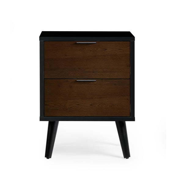 Wooden nightstand with two drawers on a white background