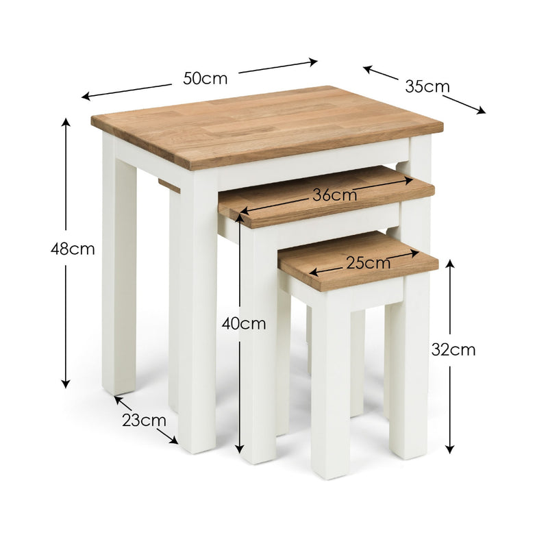 Set of wooden tables with dimensions labeled on a white background