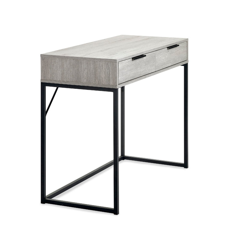 Small desk with a textured gray top and black metal legs on a white background
