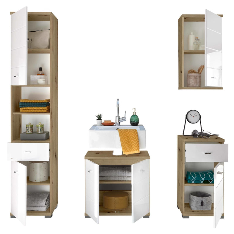 Bathroom furniture set with cabinets, sink, and shelves on a white background