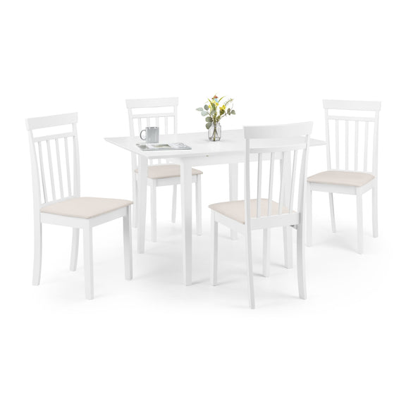 White dining table with four matching chairs on a white background