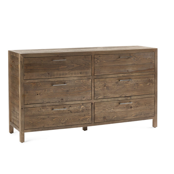 Wooden dresser with six drawers on a white background