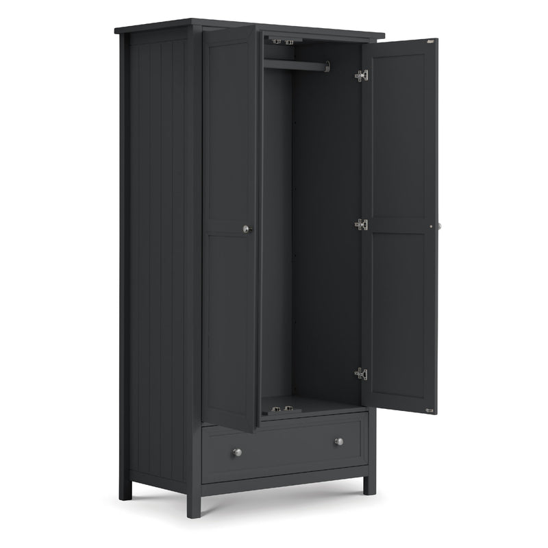 Black wardrobe with open doors on a white background