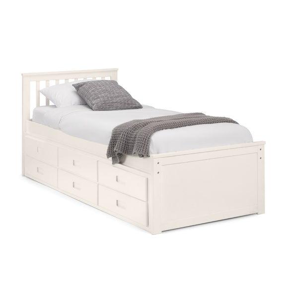 White wooden bed with storage drawers and gray bedding on a white background