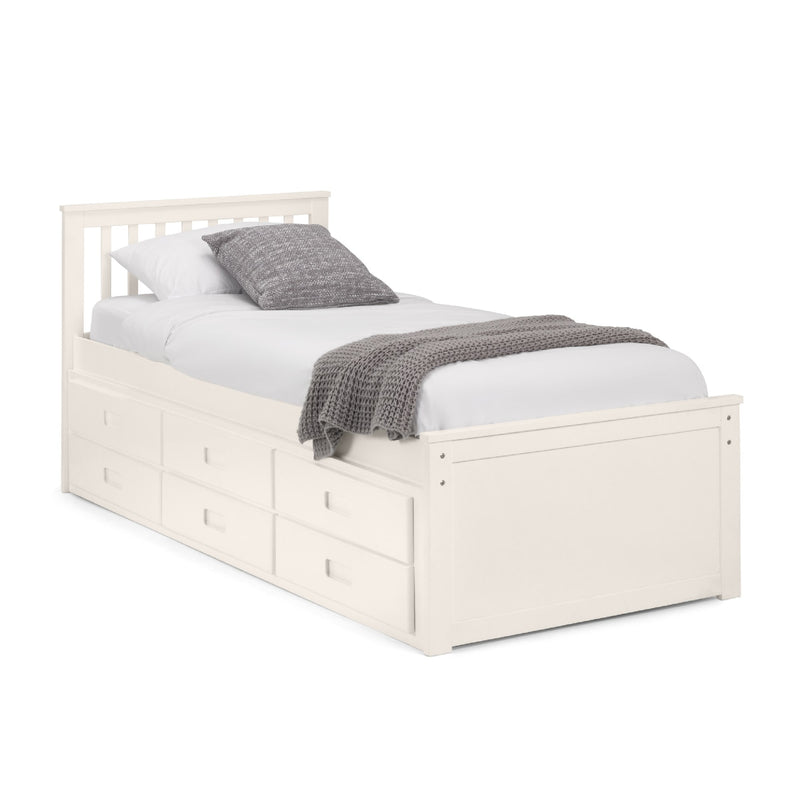 White wooden bed with storage drawers and gray bedding on a white background