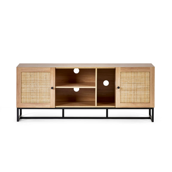 Wooden entertainment console with wicker doors on a white background