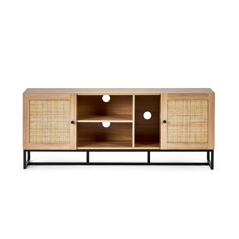 Wooden entertainment console with wicker doors on a white background