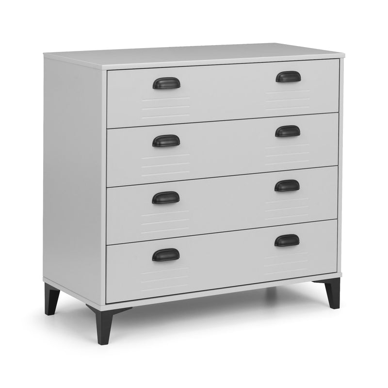 White dresser with black handles on a white background