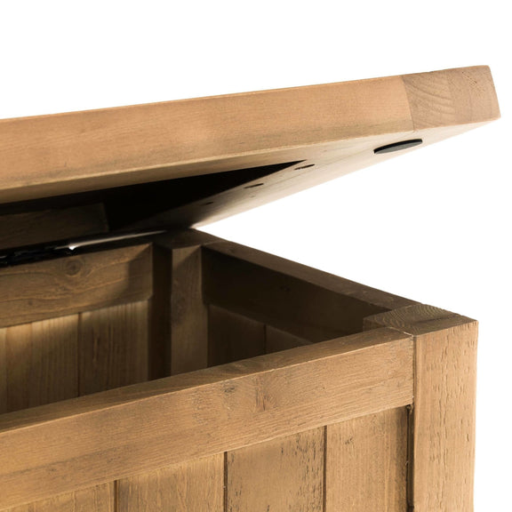 Wooden storage bench with open lid on a white background