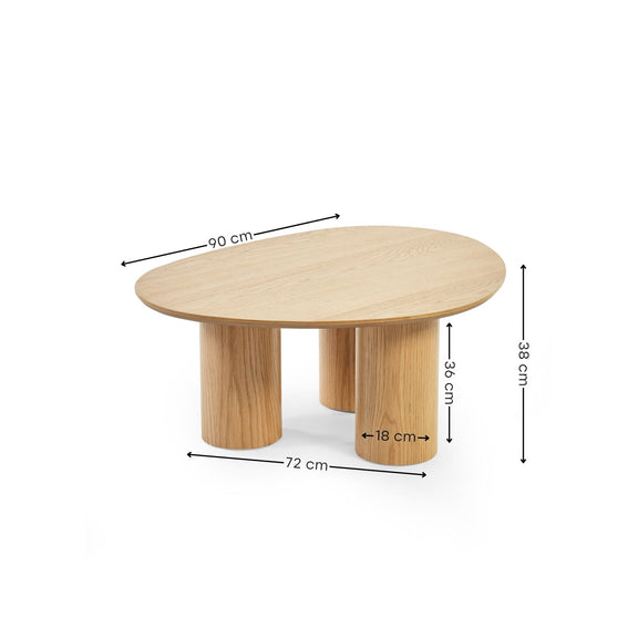 Wooden table with dimensions marked on a white background