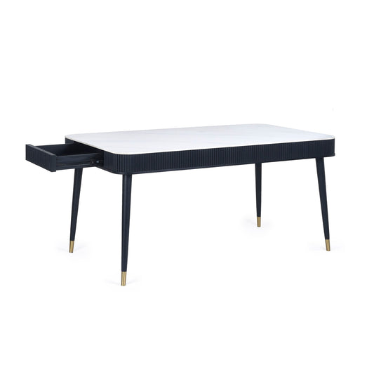 Black coffee table with white top on a white background