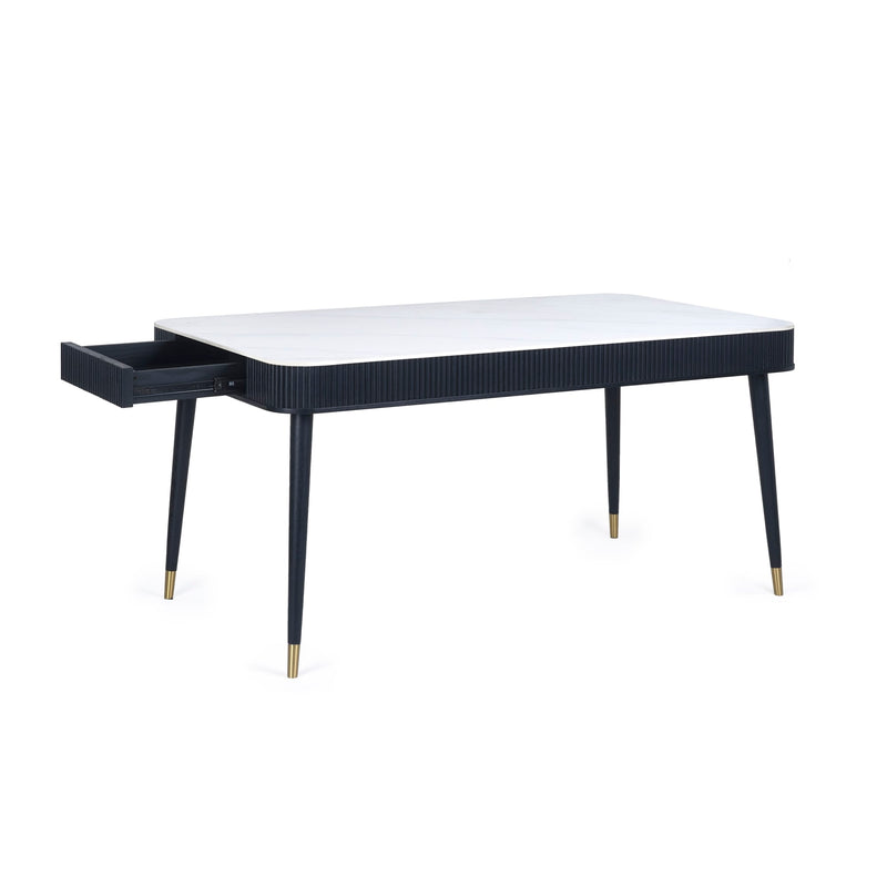Black coffee table with white top on a white background
