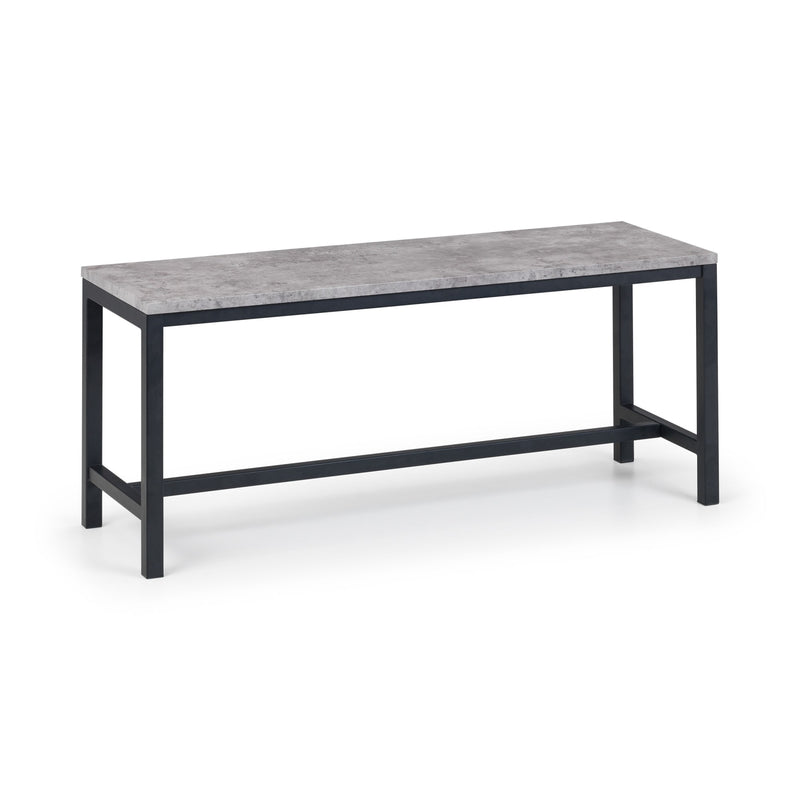 Long rectangular table with a gray surface and black metal legs on a white background