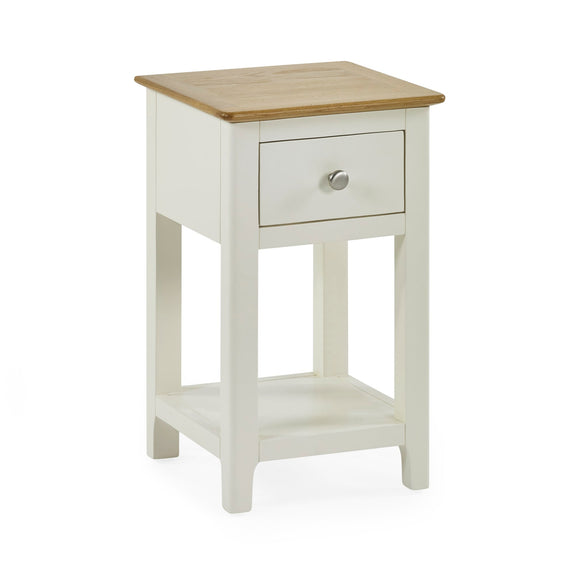 White side table with a wooden top on a white background