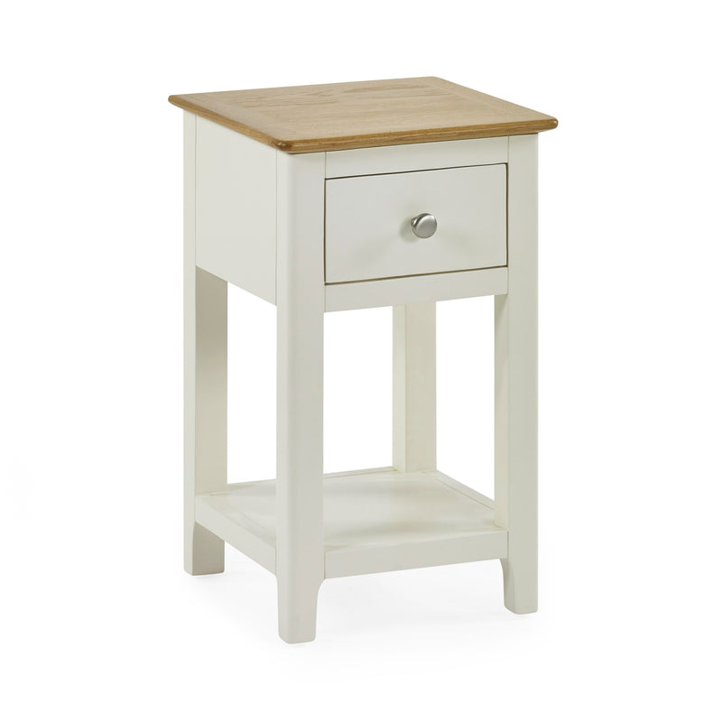 White side table with a wooden top on a white background