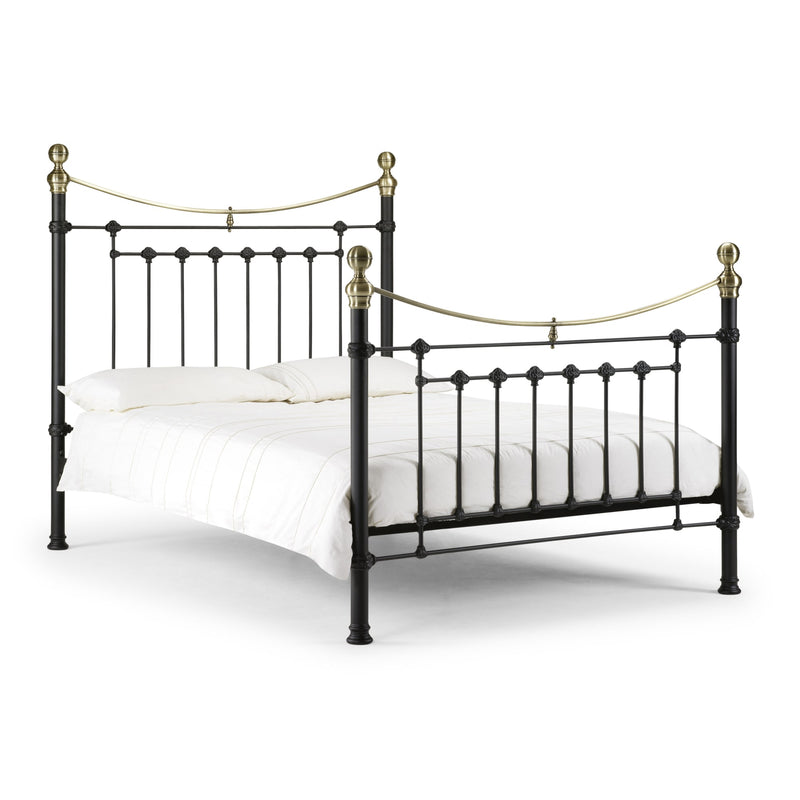 Black metal bed frame with gold accents on a white background