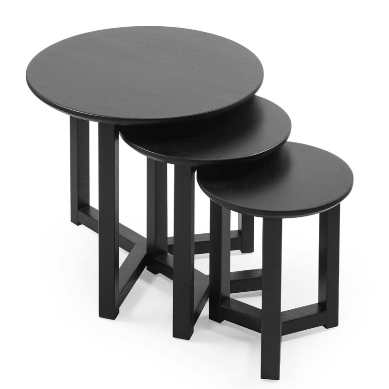 Set of three black nesting tables on a white background