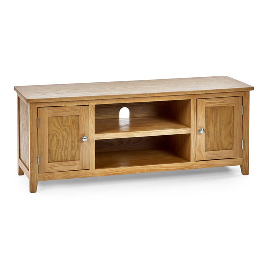 Wooden TV stand with two doors and a shelf on a white background