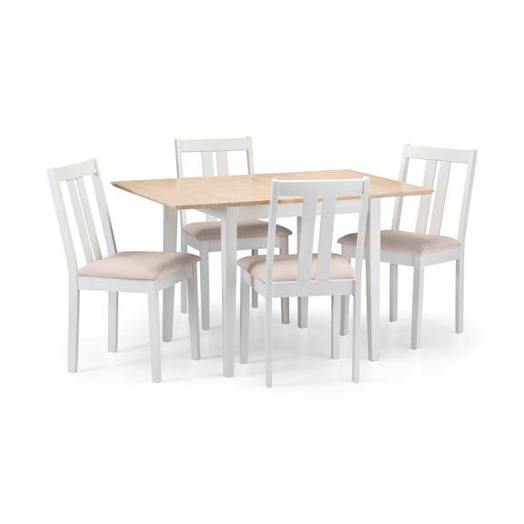 Dining table set with four chairs on a white background