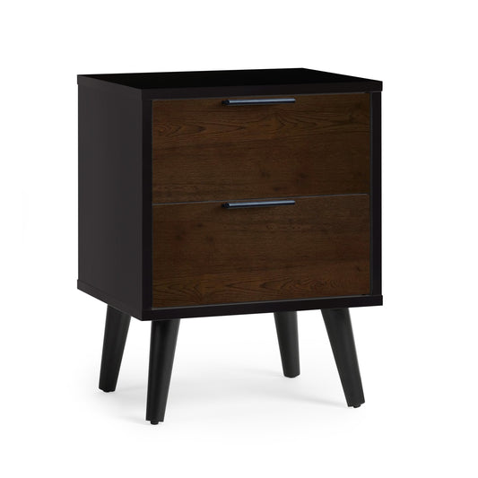 Dark wood nightstand with two drawers on a white background