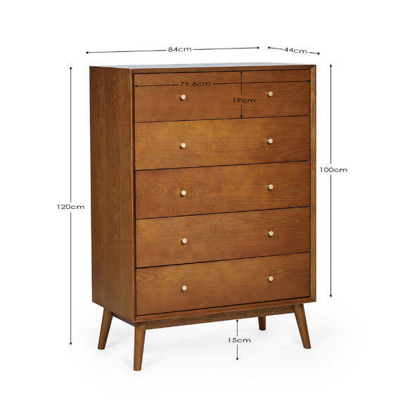 Wooden dresser with dimensions labeled on a white background