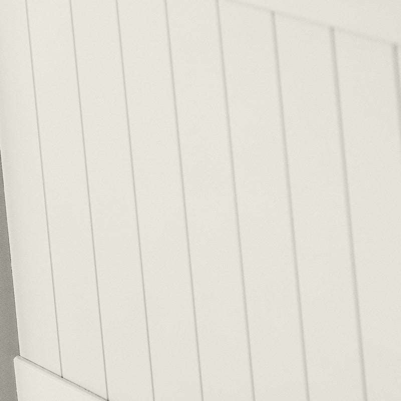 Close-up of a white wooden panel with vertical slats
