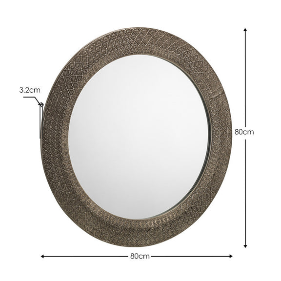 Round mirror with decorative frame and dimensions on a white background