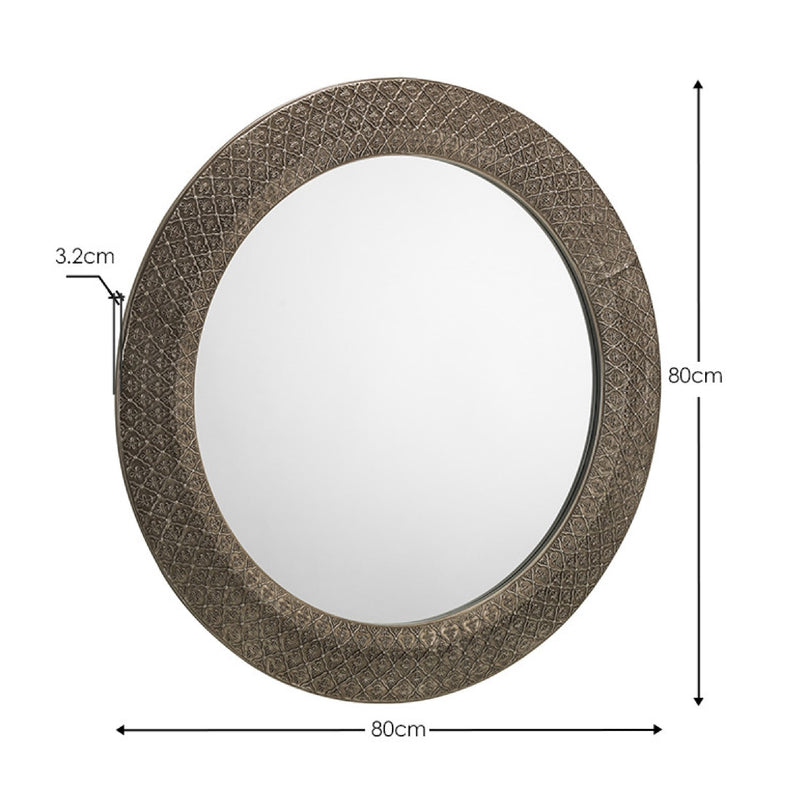 Round mirror with decorative frame and dimensions on a white background