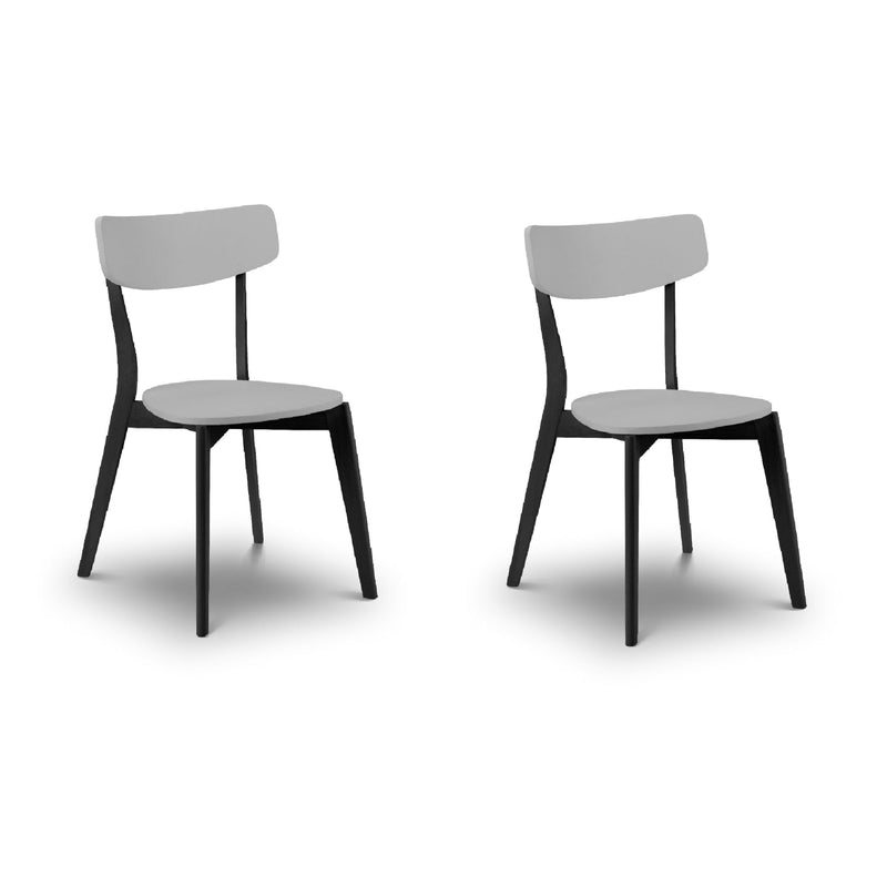 Two chairs with gray seats and black frames on a white background