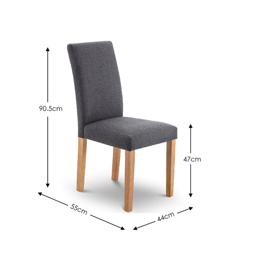 Gray upholstered chair with dimensions marked on a white background