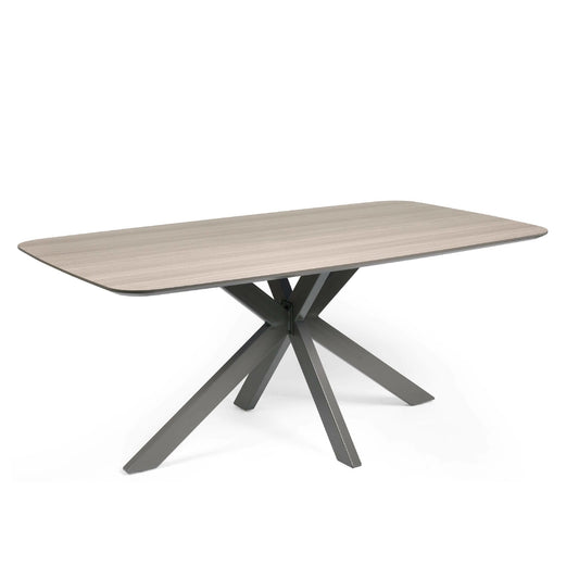Rectangular table with a light wooden top and dark metal legs on a white background
