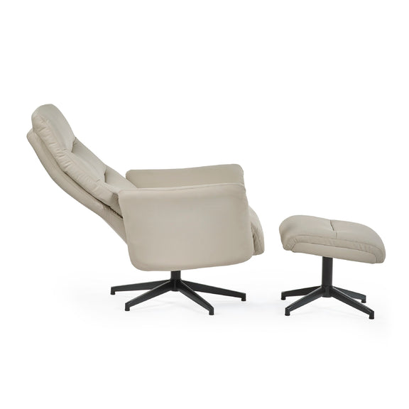 Beige recliner chair with ottoman on a white background