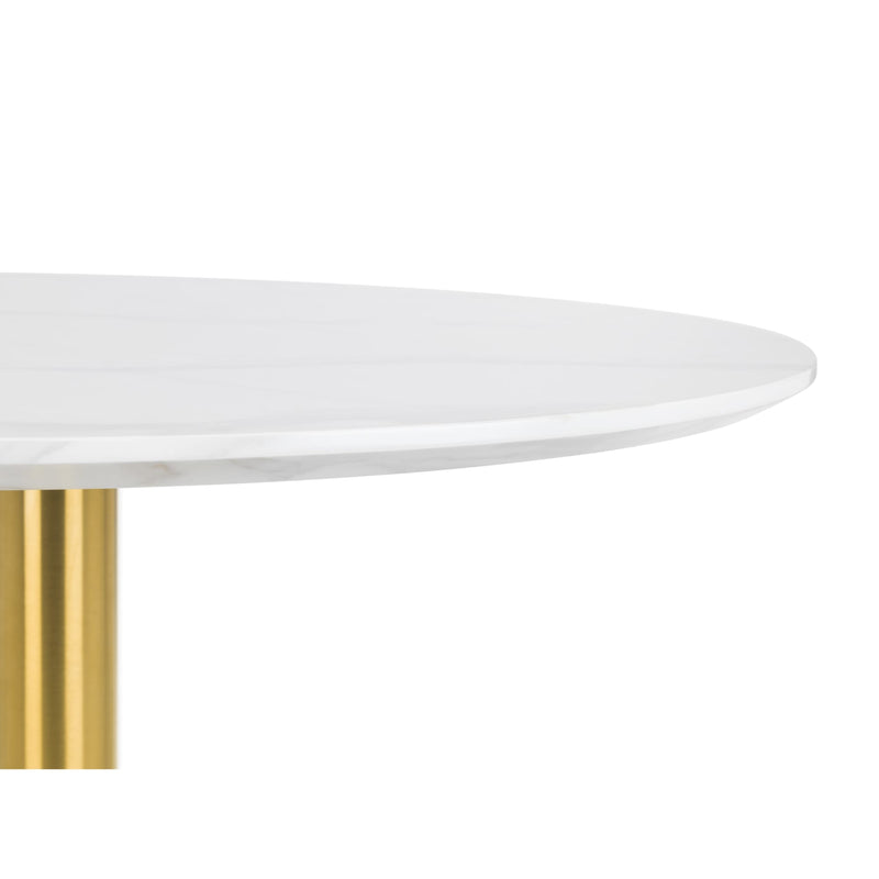 Round white table with a gold base on a white background