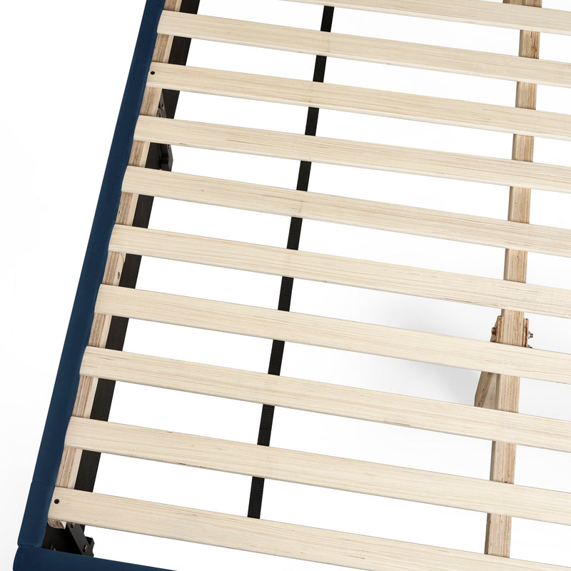 Wooden slatted bed frame on a white background