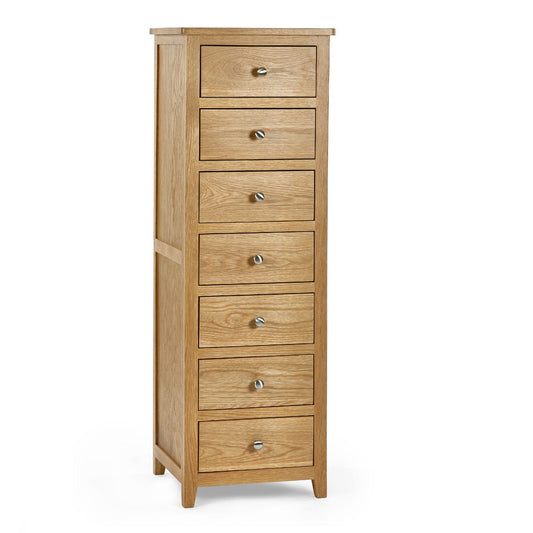 Wooden dresser with five drawers on a white background