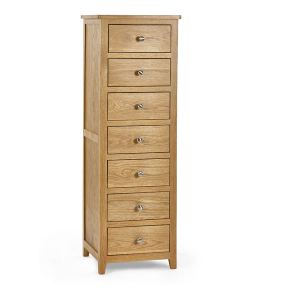Wooden dresser with five drawers on a white background