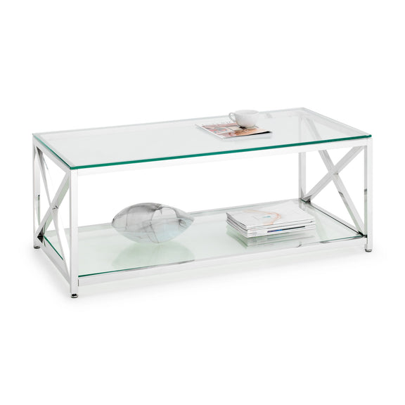 Glass coffee table with metal frame on a white background