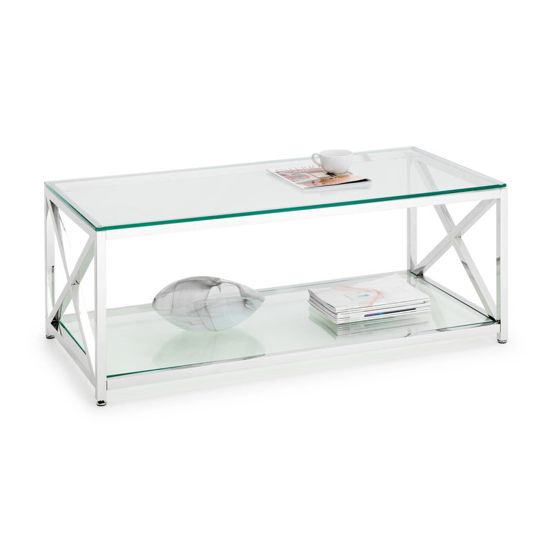 Glass coffee table with metal frame on a white background