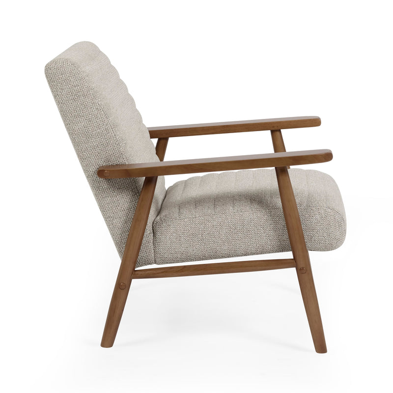 Gray armchair with wooden frame on a white background