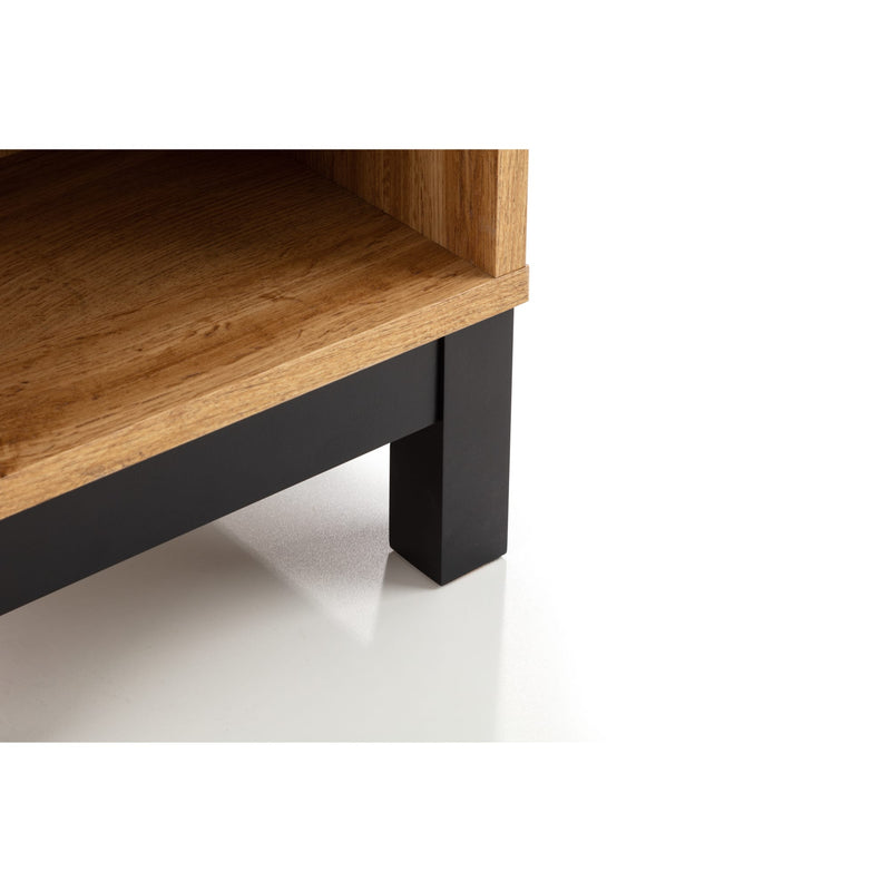Wooden shelf with black metal leg on a white background