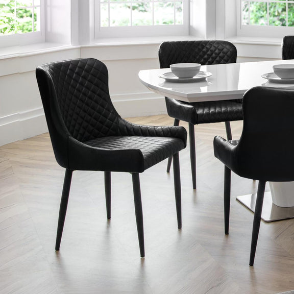 Black tufted chairs around a white dining table in a bright room with large windows.
