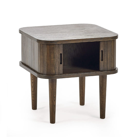 Wooden side table with a gray top on a white background