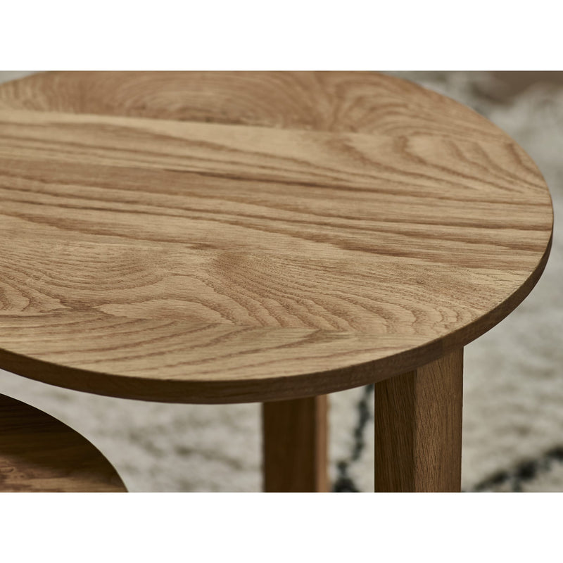 Round wooden table with a blurred background