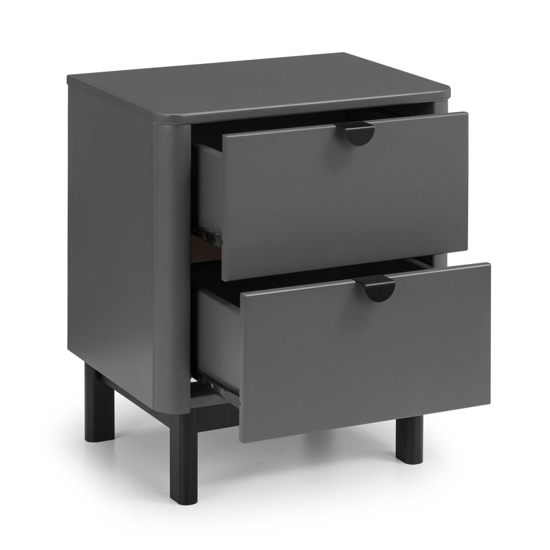 Gray nightstand with two drawers on a white background