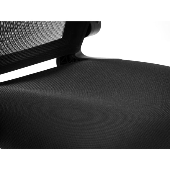 Close-up of a black office chair seat and backrest on a white background