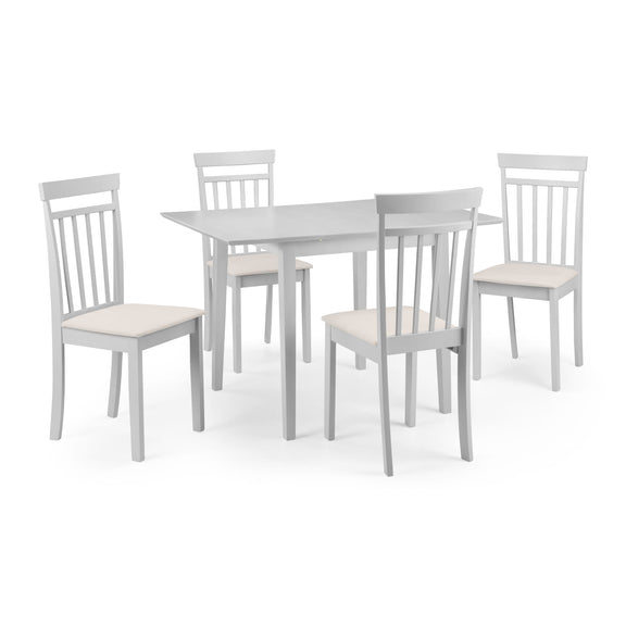 Gray dining table with four matching chairs on a white background